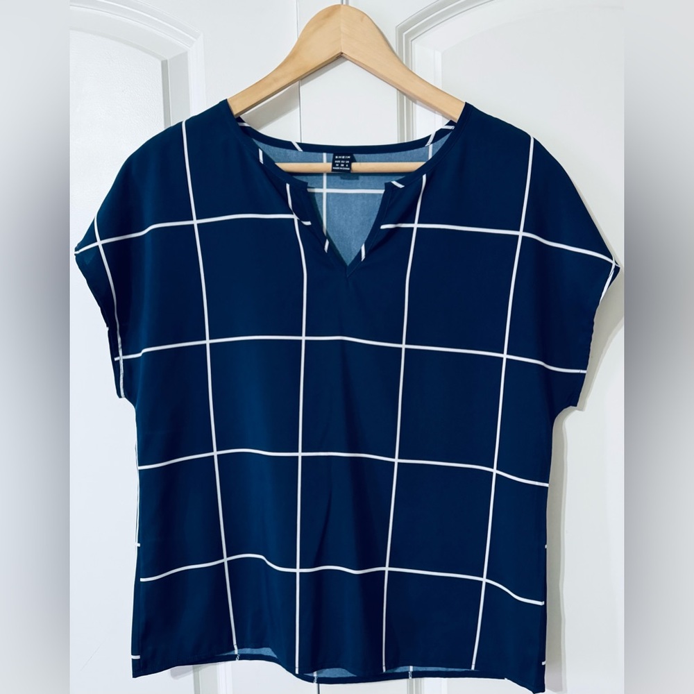 Navy Blue Grid Pattern Women's Top